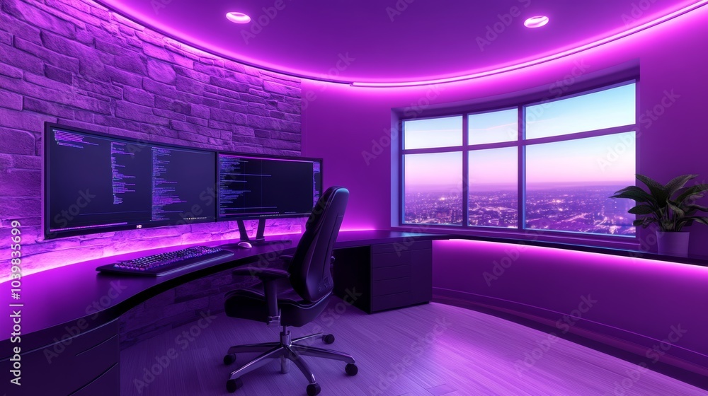 Modern Home Office with Purple LED Lighting and City View Modern Home Office with Purple LED Lighting and City View