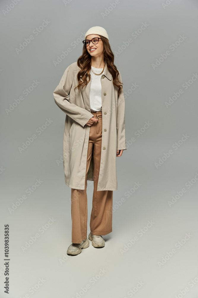 Appealing woman in elegant autumn attire posing on gray backdrop. Appealing woman in elegant autumn attire posing on gray backdrop.