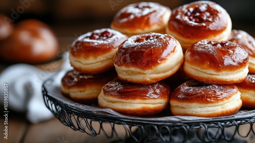 A close-up view of freshly baked, golden-brown pastries filled with jelly and dusted with powdered sugar, neatly arranged on a wire cake stand in a cozy setting.