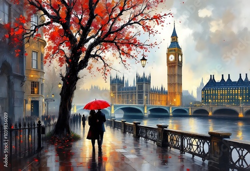 Oil Painting, rain in London. Gentle city landscape. Big Ben, England, modern art.
