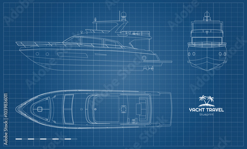 Outline yacht drawing. Side, front and top views of private ship. Modern boat contour blueprint. Cruise motorboat line art. Contour document