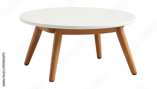 Modern round coffee table in a living room setting with wooden legs