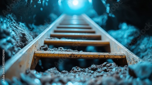 A ladder descends into a mysterious cave, illuminated by a soft glow from above, creating a sense of adventure and discovery, hinting at unseen depths below. photo