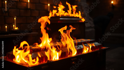 A burning coffin at the crematorium