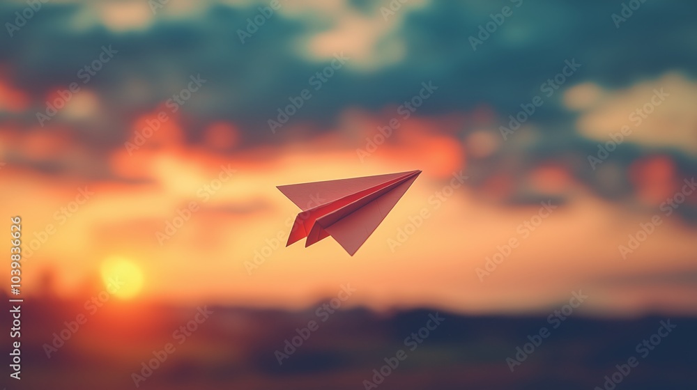 Paper Airplane Flying Against Colorful Sky Paper Airplane Flying Against Colorful Sky