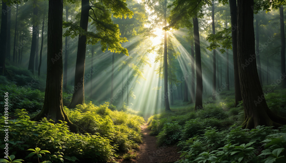 Serene forest with sunlight beams Serene forest with sunlight beams