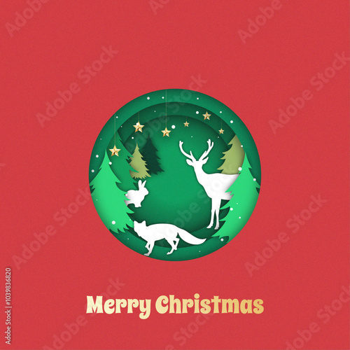 Vector Christmas papercut card. Christmas tree, deer, hare and fox, Christmas elements in paper cutout style. Vector illustration of seasonal design for poster, banner, card