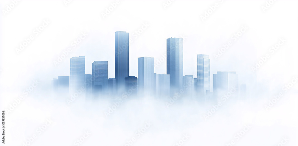 Futuristic city skyline emerging from a foggy background Futuristic city skyline emerging from a foggy background