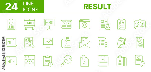 Collection of 24 result line icons featuring editable strokes. These outline icons depict various modes of result, Mobile, assessment, tax, insight, measurement, 