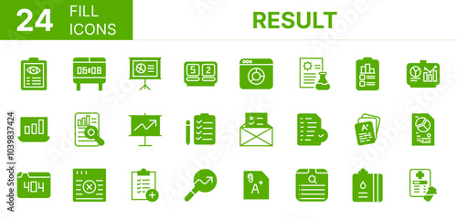 Collection of 24 result fill icons featuring editable strokes. These outline icons depict various modes of result, Mobile, assessment, tax, insight, measurement, 