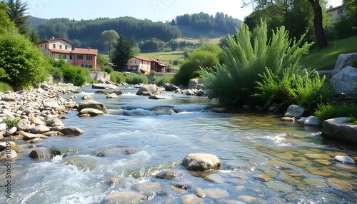 Watch a gentle river flow through the idyllic Italian countryside, with clear waters over pebbles and lush greenery. Perfect for nature, travel, and relaxation projects isolated with white highlight photo