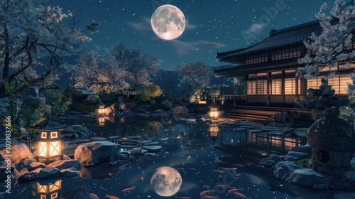 Wallpaper Mural Serene Japanese Garden at Night with Moonlight Reflection Torontodigital.ca