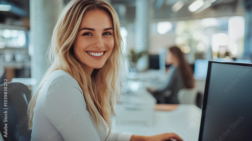 A smiling blonde woman works at a computer in a modern office setting.
