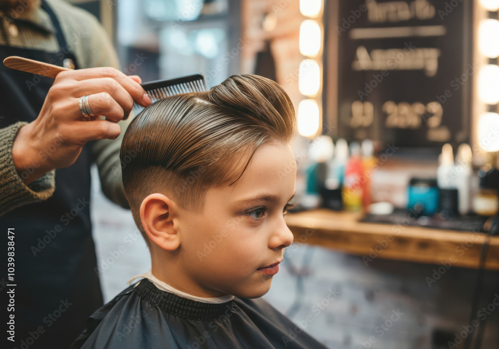 A young boy receiving a stylish haircut at a barber shop in a bustling urban setting during the afternoon A young boy receiving a stylish haircut at a barber shop in a bustling urban setting during the afternoon