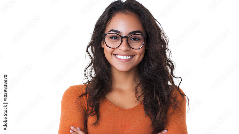 A young woman in an orange sweater with a confident smile and glasses. A young woman in an orange sweater with a confident smile and glasses.