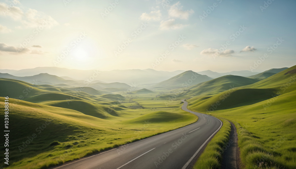 Serene road through lush green hills under a clear sky Serene road through lush green hills under a clear sky