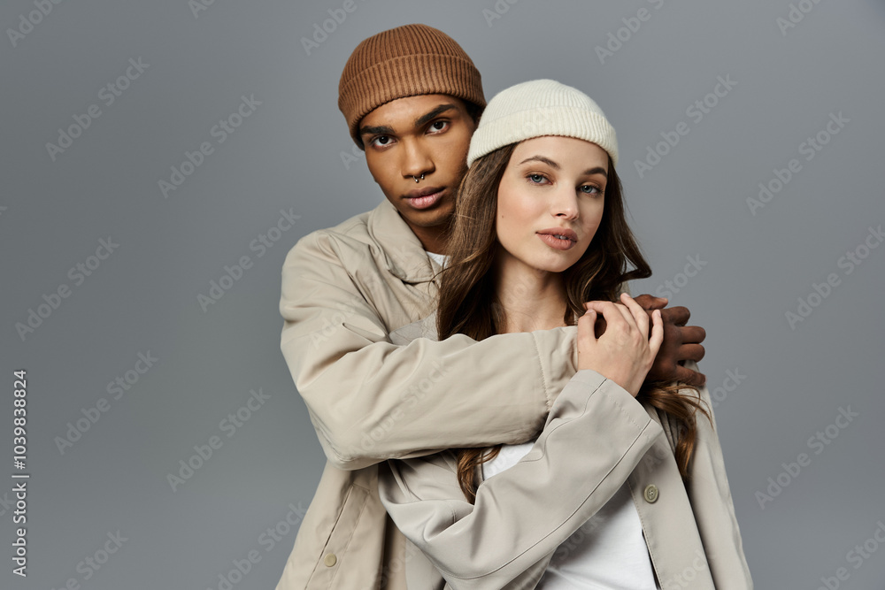 A young couple showcases their trendy autumn fashion while enjoying each others company. A young couple showcases their trendy autumn fashion while enjoying each others company.