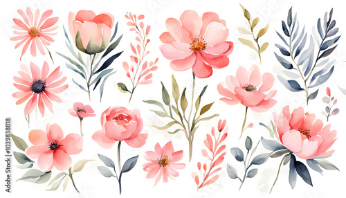 Wallpaper Mural Set of floral bouquet of colorful flowers, Watercolor, flowers frame, Botanical plant illustration , elegant watercolor, mother's day, women's day, banner, templates, ai	 Torontodigital.ca