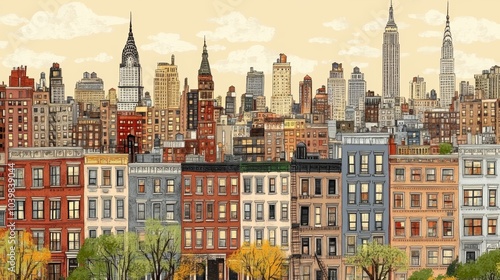 Cityscape Illustration with Skyscrapers and Brownstones