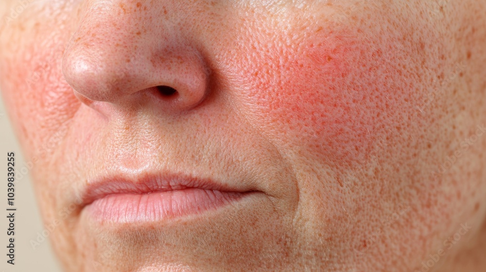 Fototapeta premium 2410 12.Close-up of a woman suffering from rosacea, showing large red patches on her cheeks, the inflammation clearly visible. The neutral beige background brings focus to the skin irritation, with