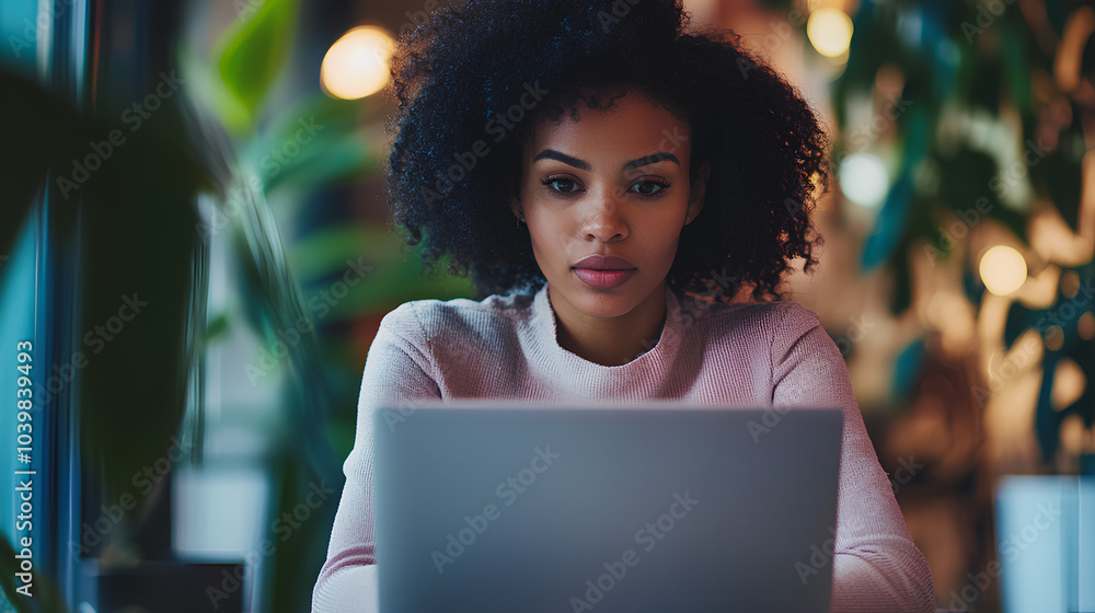 A woman with curly hair is intently focused on her laptop in a cafe setting. A woman with curly hair is intently focused on her laptop in a cafe setting.
