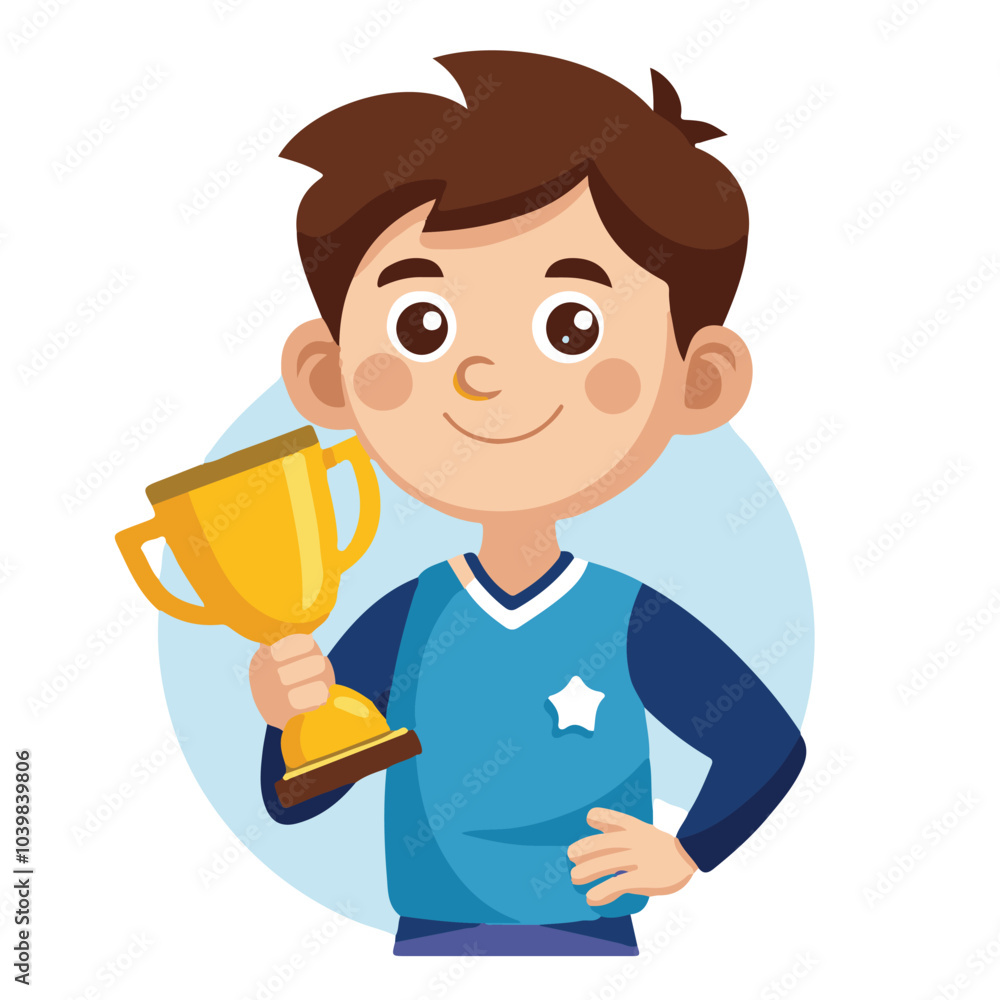 A Young Boy Holding a Trophy in His Hands on a Transparent Background A Young Boy Holding a Trophy in His Hands on a Transparent Background