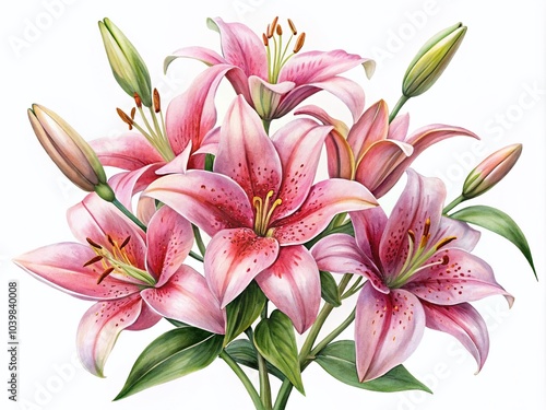 Beautiful Pink Lilies Watercolor Illustration on White Background for Floral Designs and Decor