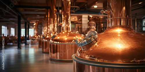 Gleaming copper equipment in a distillery reflects the warm, ambient light. The industrial setting highlights the craftsmanship and precision of distillation