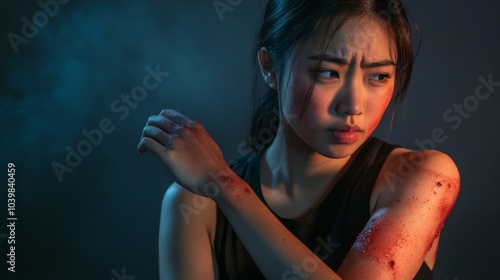 2410 5.Young Asian woman standing with her arm extended, showing allergic reactions from insect bites with large red spots on her skin. Her hand is mid-scratch, and the focus is on the uneven texture photo