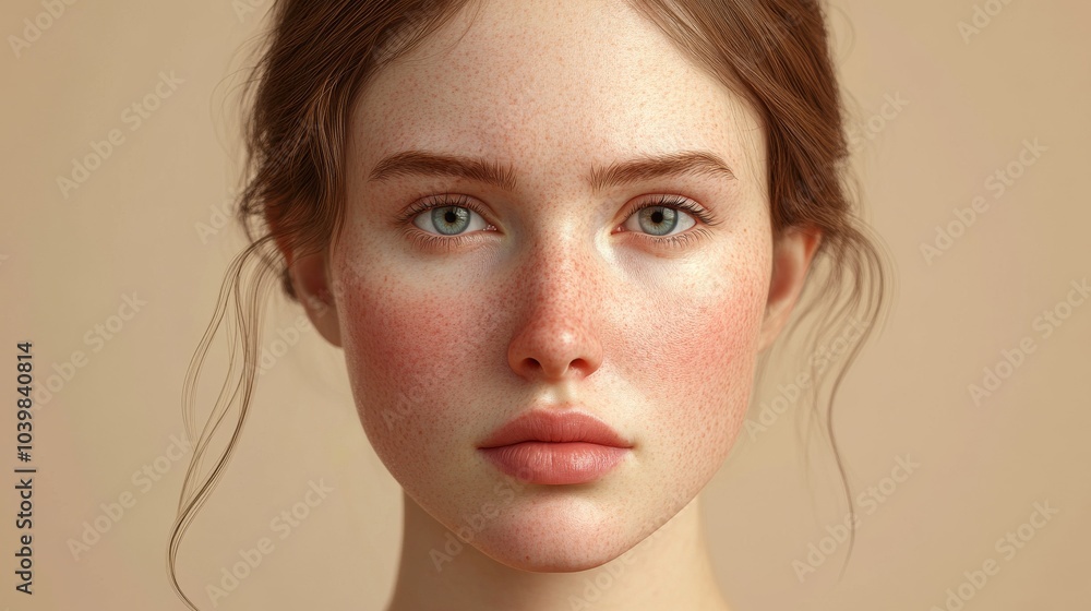 2410 11.Young Caucasian woman with severe rosacea on her cheeks, facing forward with a neutral expression, her skin red and inflamed. The image highlights the texture of the skin, with swollen areas 2410 11.Young Caucasian woman with severe rosacea on her cheeks, facing forward with a neutral expression, her skin red and inflamed. The image highlights the texture of the skin, with swollen areas