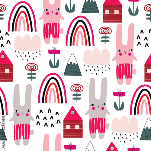 Seamless baby pattern with cute animals and hand drawn flowers. Creative kids texture for wrapping, textile, wallpaper, apparel and fabric. Vector illustration