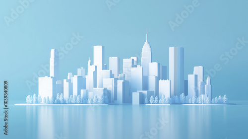 Minimalist futuristic city model with white skyscrapers