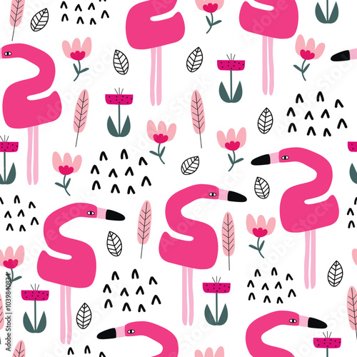 Seamless baby pattern with cute animals and hand drawn flowers. Creative kids texture for wrapping, textile, wallpaper, apparel and fabric. Vector illustration