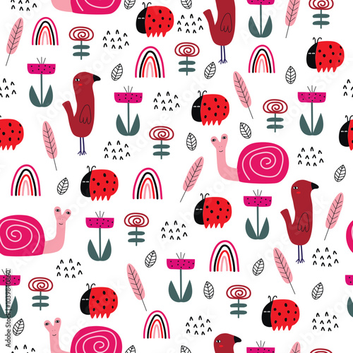 Seamless baby pattern with cute animals and hand drawn flowers. Creative kids texture for wrapping, textile, wallpaper, apparel and fabric. Vector illustration