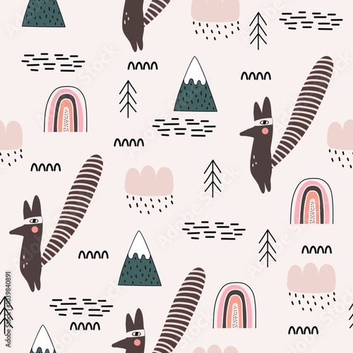 Seamless baby pattern with cute animals and hand drawn flowers. Creative kids texture for wrapping, textile, wallpaper, apparel and fabric. Vector illustration