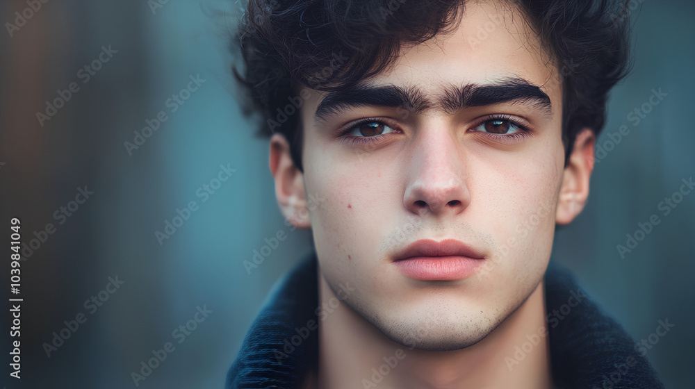 A close-up portrait of a young man looking directly at the camera with a serious expression. A close-up portrait of a young man looking directly at the camera with a serious expression.