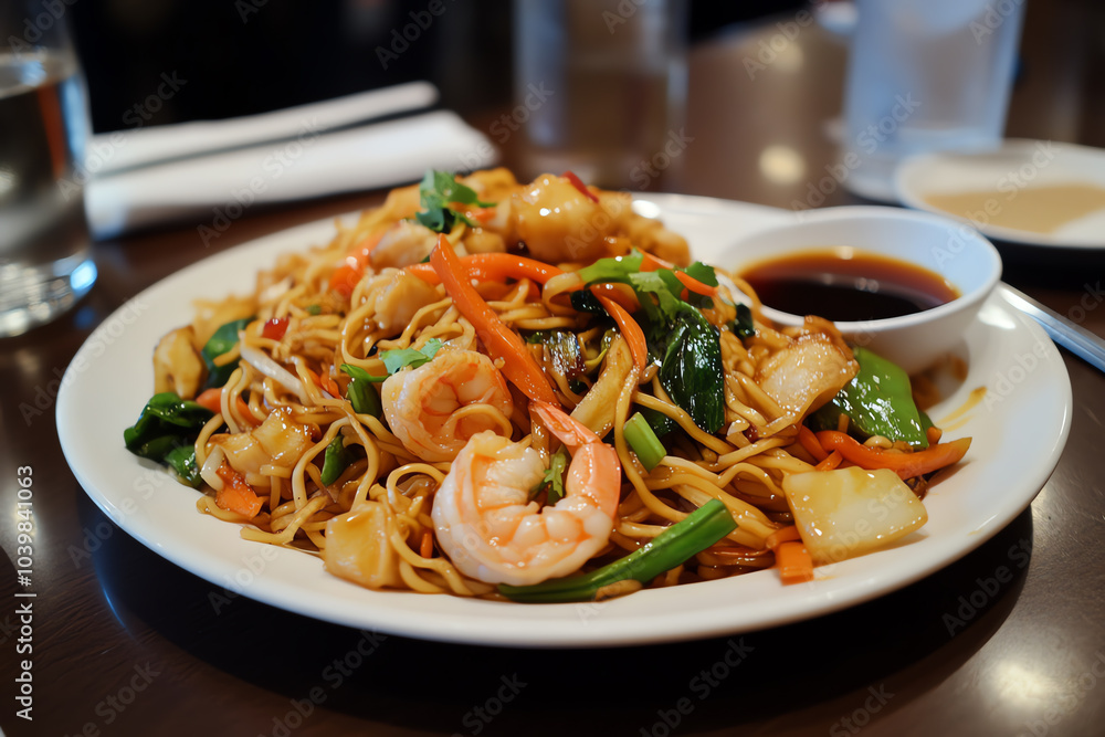 A side view of a plate of chow mein, stirfried noodles with vegetables and shrimp, served with a side of soy sauce A side view of a plate of chow mein, stirfried noodles with vegetables and shrimp, served with a side of soy sauce