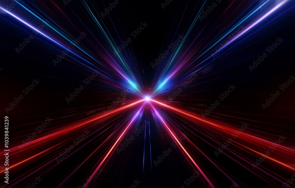A dark background with bright blue and red streaks of light converging in the center. A dark background with bright blue and red streaks of light converging in the center.