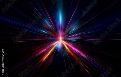 Abstract colorful rays converge in the center, radiating outward against a black background.