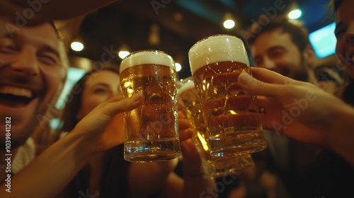 2410 104.A group of friends raising their beer glasses in a lively pub, their faces full of joy and laughter as they toast to celebrate a special occasion. The golden hues of the beer glow under the