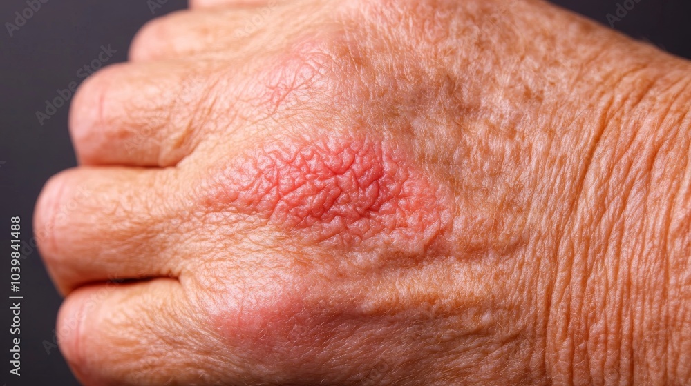 2410 56.Close-up of a hand with a red, blotchy rash caused by an allergic reaction or viral infection. The inflamed, bumpy texture of the skin is clearly visible, showing irritation and swelling. 2410 56.Close-up of a hand with a red, blotchy rash caused by an allergic reaction or viral infection. The inflamed, bumpy texture of the skin is clearly visible, showing irritation and swelling.
