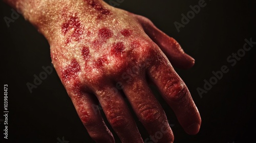 2410 56.Close-up of a hand with a red, blotchy rash caused by an allergic reaction or viral infection. The inflamed, bumpy texture of the skin is clearly visible, showing irritation and swelling.