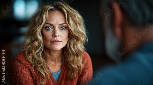 A contemplative woman with curly blonde hair gazes intently within a softly lit room, evoking introspection and emotion in a modern artistic style.