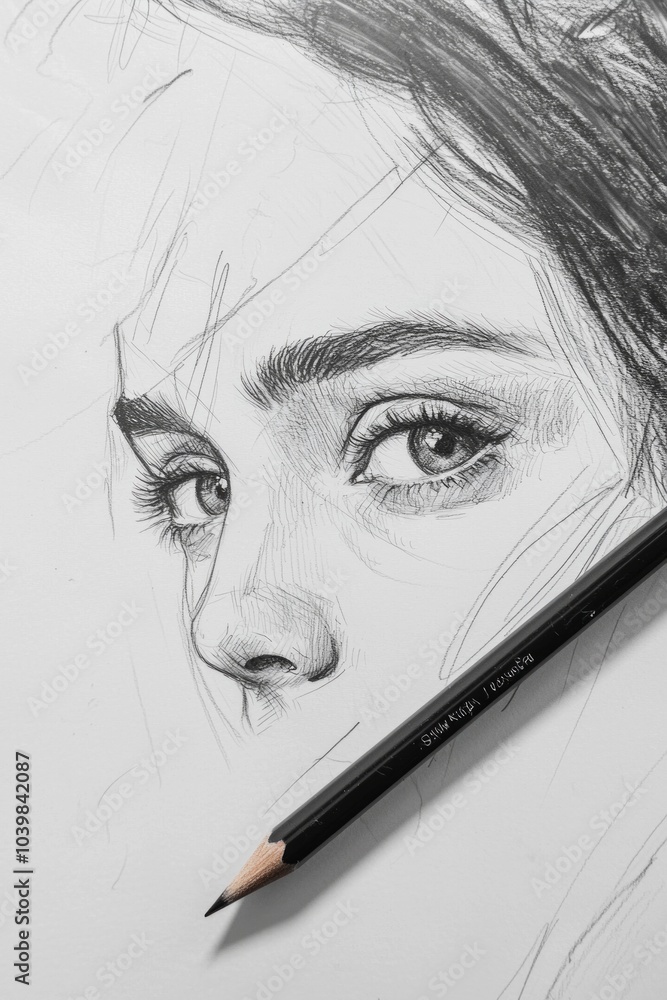 Obraz premium A pencil sketch halfway completed on a blank sheet, with the pencil resting gently beside the artwork