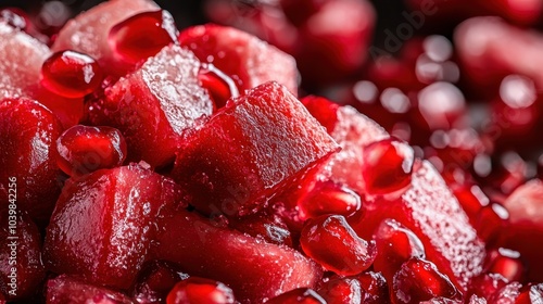 A close-up view of refreshing pomegranate pieces with glistening seeds, showcasing texture and color, exemplifying vibrance and healthy fruit appeal.