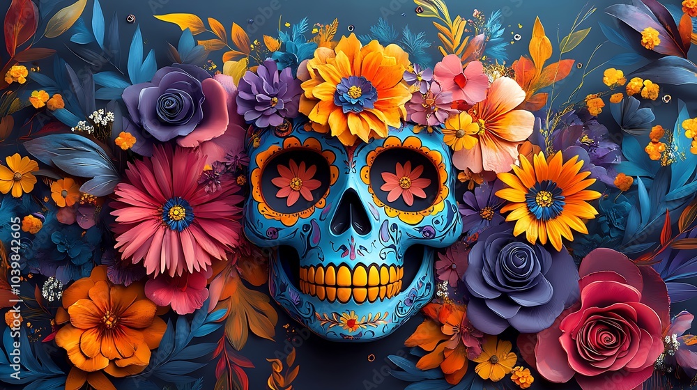 blue skull adorned with vibrant red and yellow flowers, creating a bold and captivating artistic display. blue skull adorned with vibrant red and yellow flowers, creating a bold and captivating artistic display.