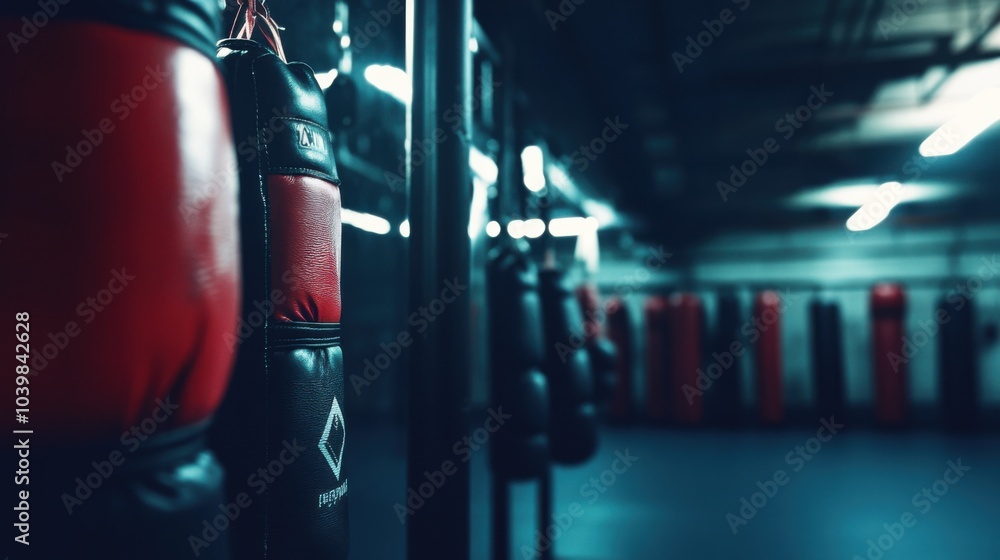 Fototapeta premium An invigorating boxing gym with gloves and punching bags, Boxing equipment arranged in a motivational setup, Athletic training style