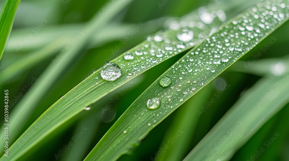 Water droplets resting on fresh green grass, magnifying the blades, soft sunlight creating natural bokeh, ideal for serene nature photography Water droplets resting on fresh green grass, magnifying the blades, soft sunlight creating natural bokeh, ideal for serene nature photography