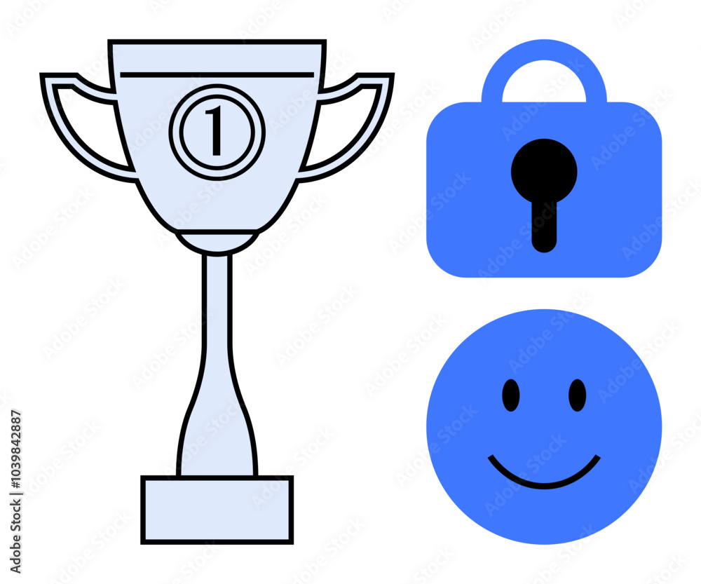 Three icons are visible a trophy, a padlock, and a happy face. Ideal for themes like achievement, security, motivation, success, and happiness. Simple vector style with black and blue colours Three icons are visible a trophy, a padlock, and a happy face. Ideal for themes like achievement, security, motivation, success, and happiness. Simple vector style with black and blue colours