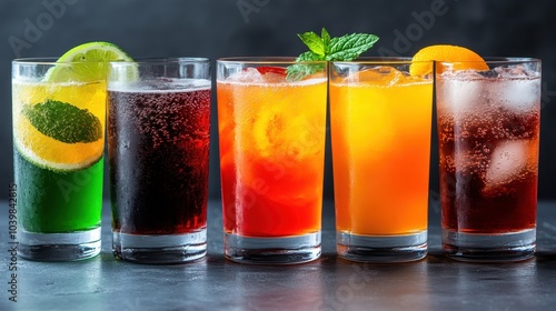 A collection of five diverse and colorful drinks richly garnished with fruits is showcased, creating a vibrant and refreshing appeal suitable for festive occasions. photo